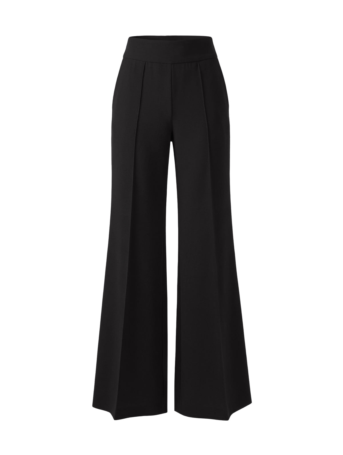 Die Hose Tanja in klassischem Schwarz überzeugt mit klarer Linienführung, eleganter Wide-Leg-Silhouette und hohem Bund mit elastischem Taillenband für eine bequeme, schmeichelhafte Passform.