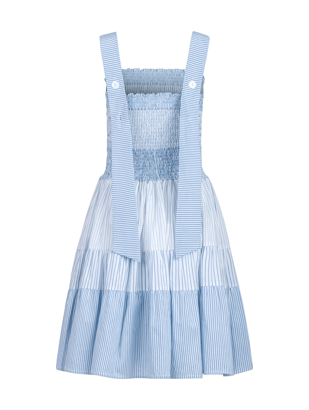 Ausgestelltes Midikleid, unterschiedlichen Stoffkomponenten mit elastischen Smocking im Oberteil, die breiten Träger können auf zwei unterschiedliche Weisen getragen werden, parallel oder überkreuzt durch 2 Köpfe auf der Rückseite. Reborn, da aus Katarina gemacht.