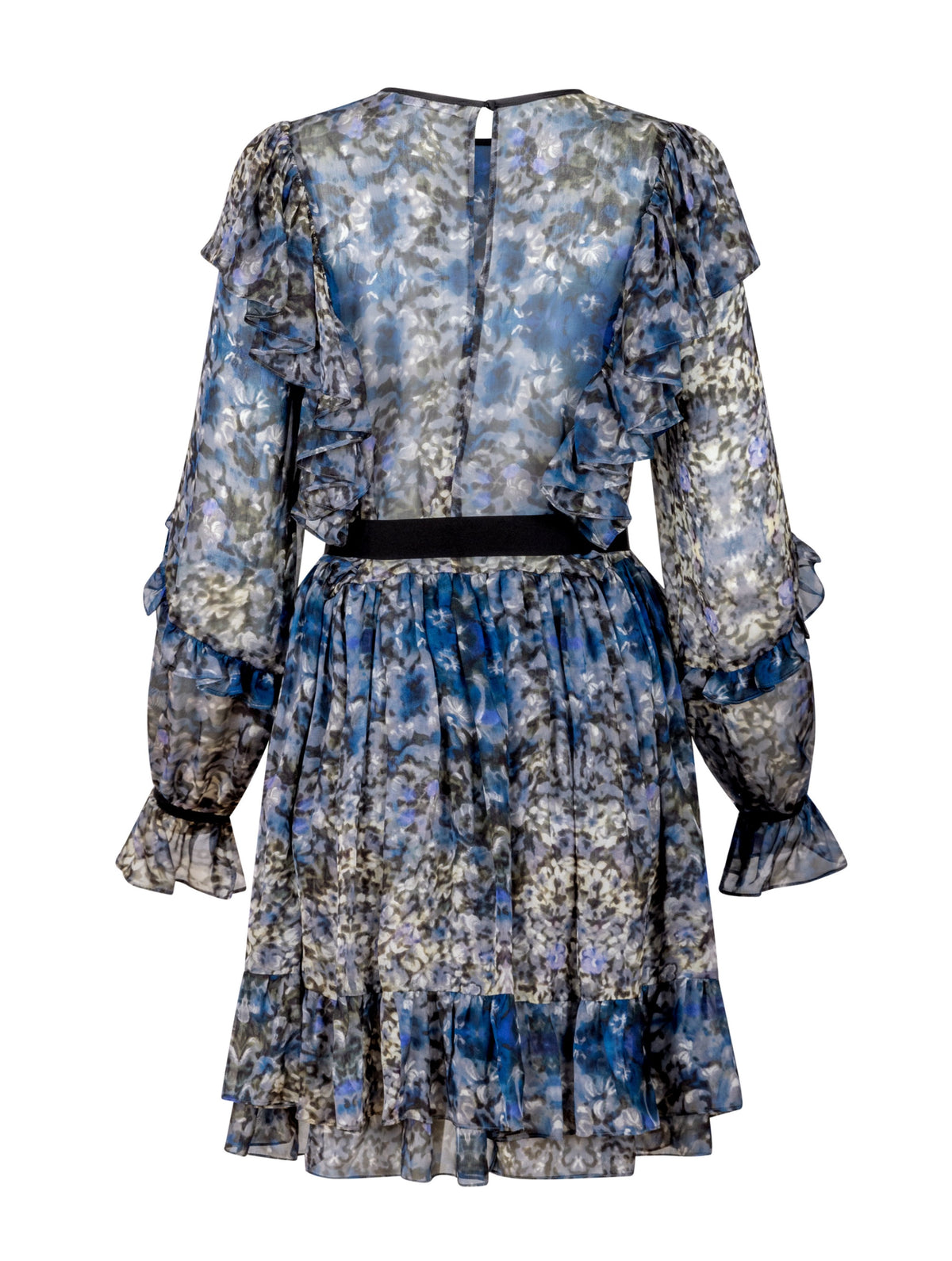 Locker geschnittenes Minikleid aus bedruckter Chiffonseide mit Hortensienblumenmuster mit Volants an den Schultern und Ärmeln, sowie am Saumende. Tragbar mit farblich abgesetztem Gürtel aus schwarzer Chiffonseide.