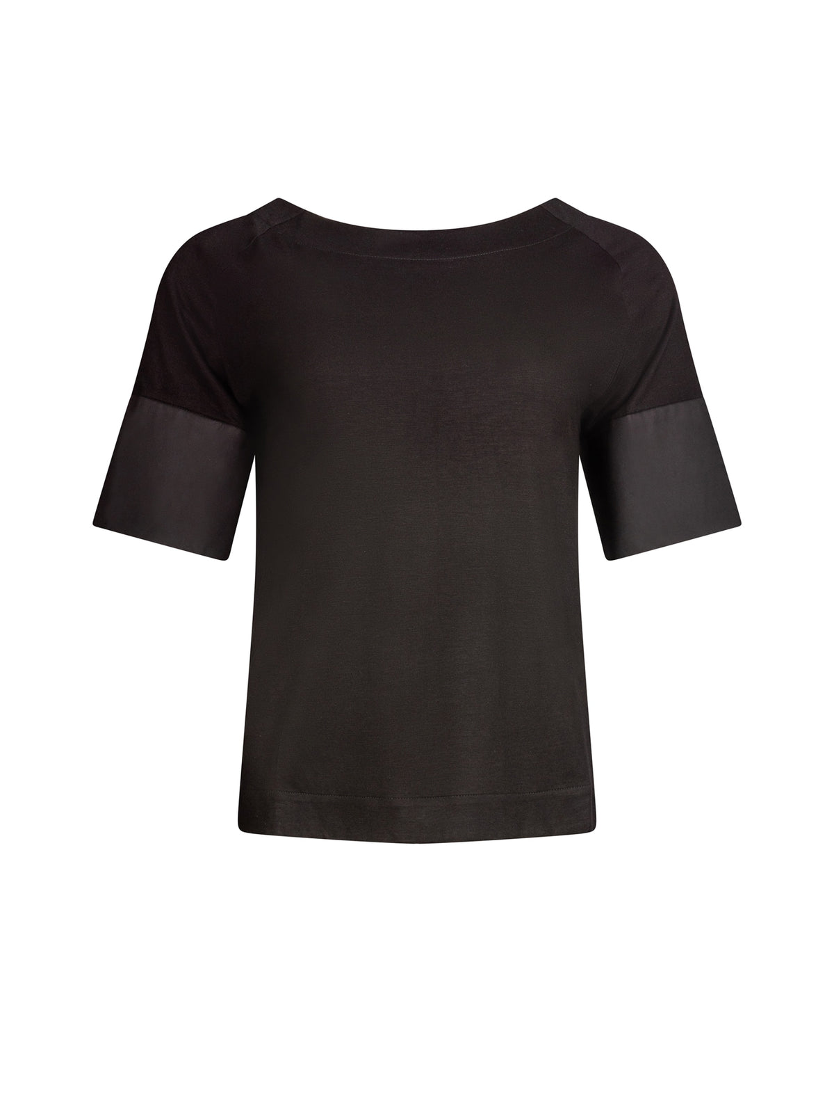 Jersey-T-Shirt mit Bateau-Ausschnitt, Seitenschlitzen und Bündchendetails aus weißer Baumwolle. Dieses Modell ist Teil unserer REBORN-Kollektion und steht für unsere "Zero-Waste-Politik".