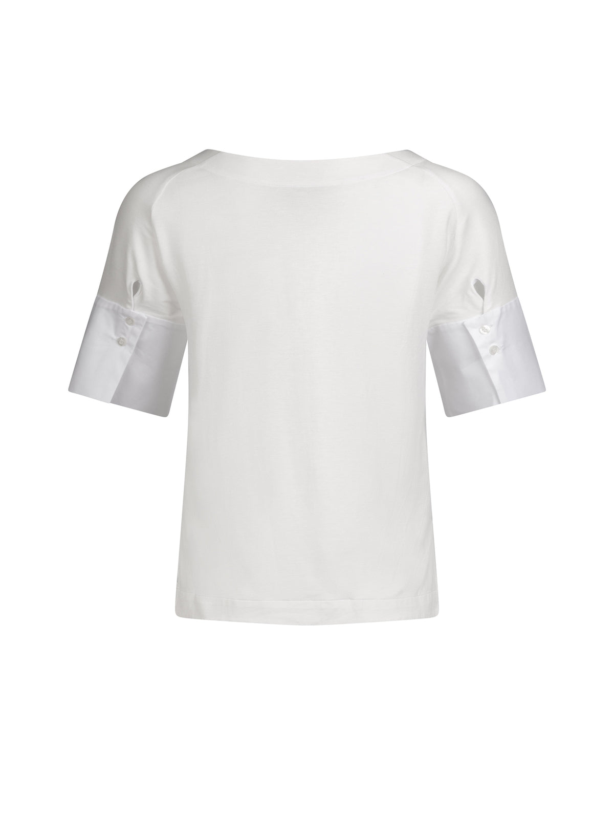 Jersey-T-Shirt mit Bateau-Ausschnitt, Seitenschlitzen und Bündchendetails aus weißer Baumwolle. Dieses Modell ist Teil unserer REBORN-Kollektion und steht für unsere "Zero-Waste-Politik".