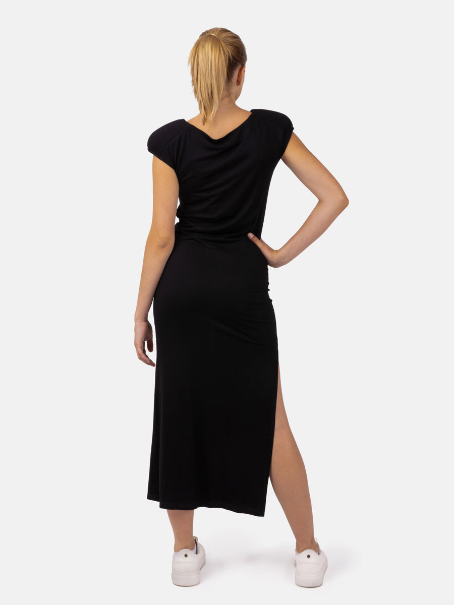 Midi-Schlauchkleid aus Edel-Jersey mit rundem Ausschnitt, Schulterpolstern und Schlitz an der Seite