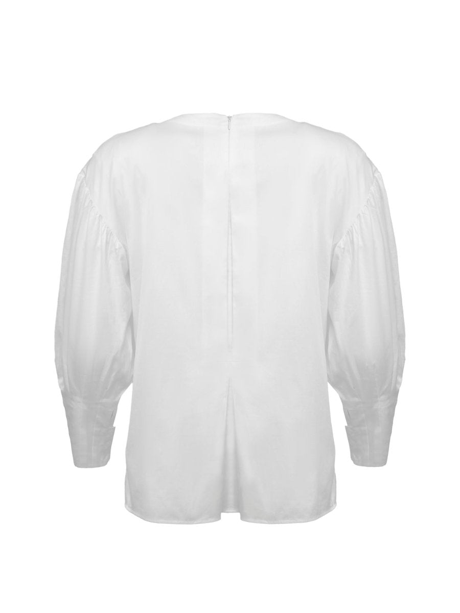 Außergewöhnliche, weiße Basic Bluse aus 100% Baumwolle mit Rundhalsausschnitt, Kellerfalte mittig und seitlichen Schlitzen