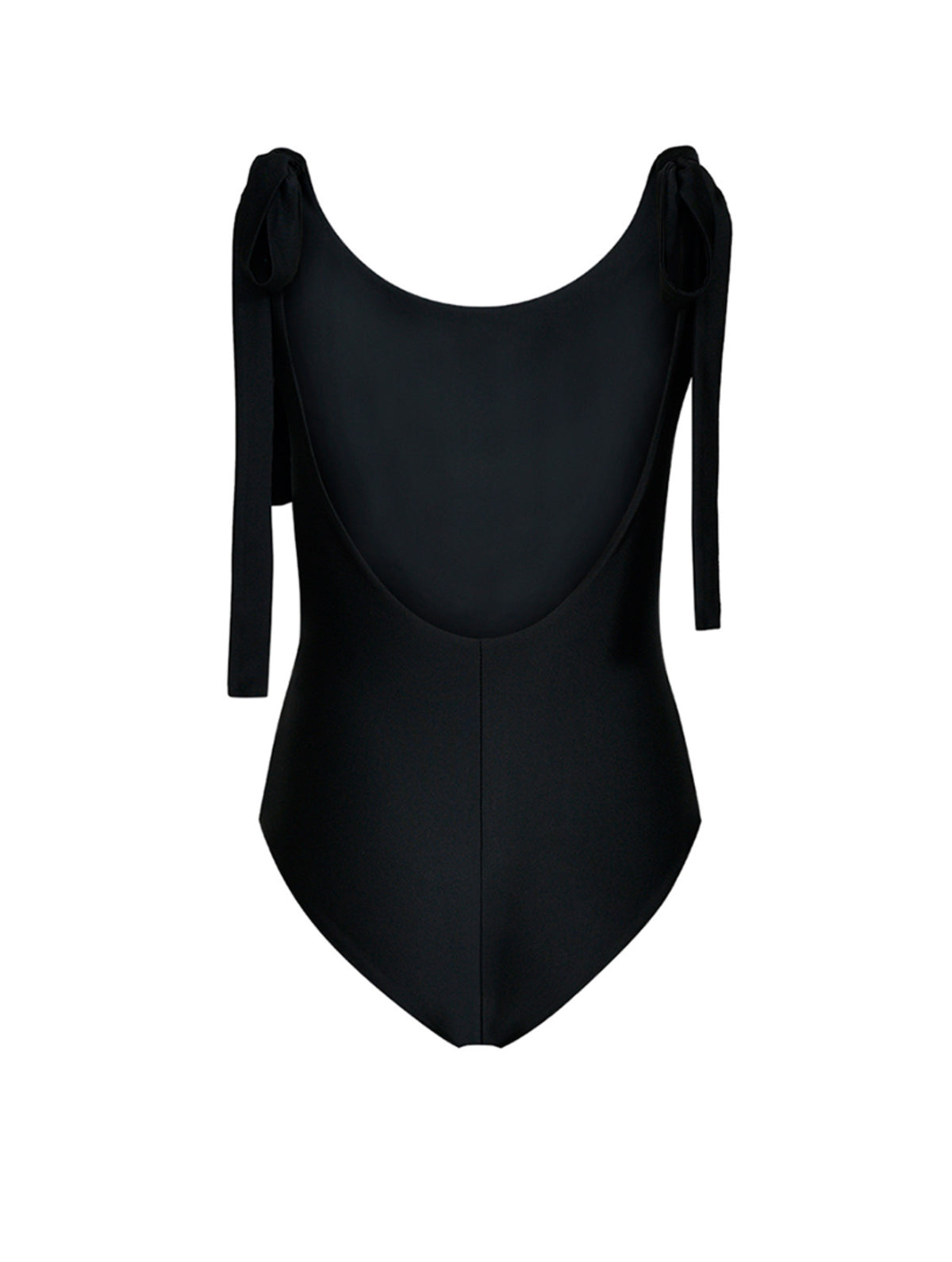 Schwarzer Badeanzug mit langen Bändern an den Schultern und tiefem Rückenausschnitt aus recyceltem Lycra