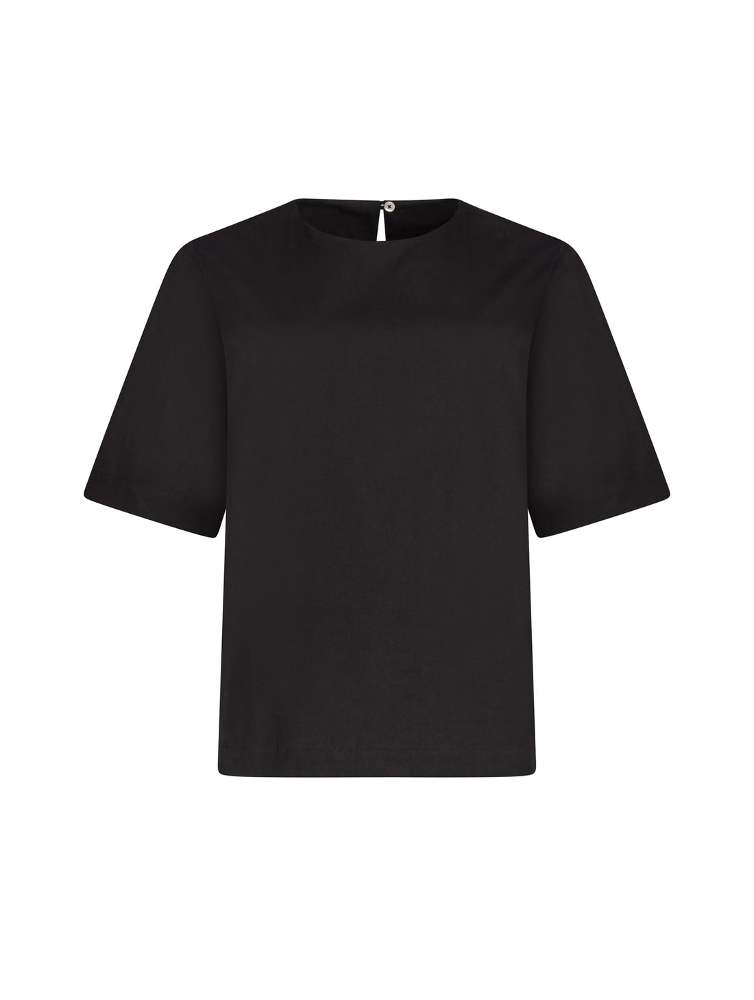 Hochgeschlossene Bluse aus Baumwolle im T-Shirt-Stil mit Knopfverschluss auf der Rückseite. 