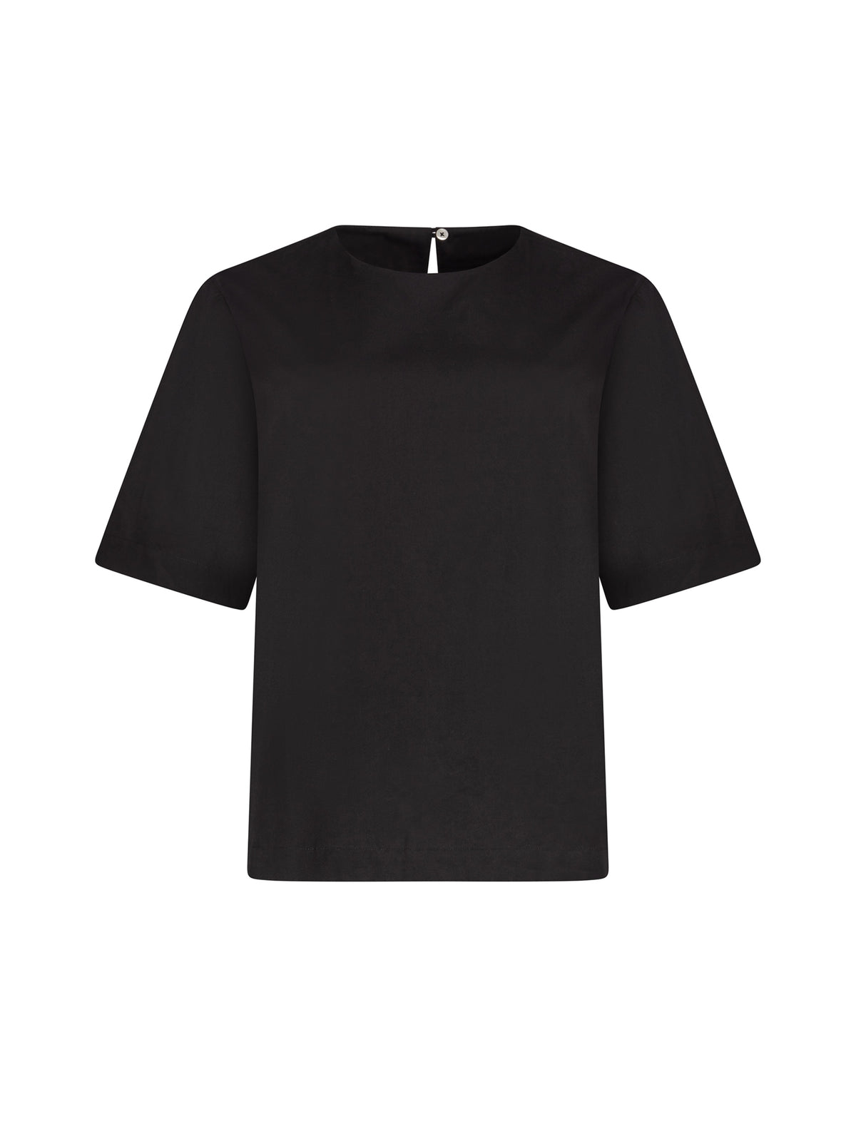 Hochgeschlossene Bluse aus Baumwolle im T-Shirt-Stil mit Knopfverschluss auf der Rückseite. 