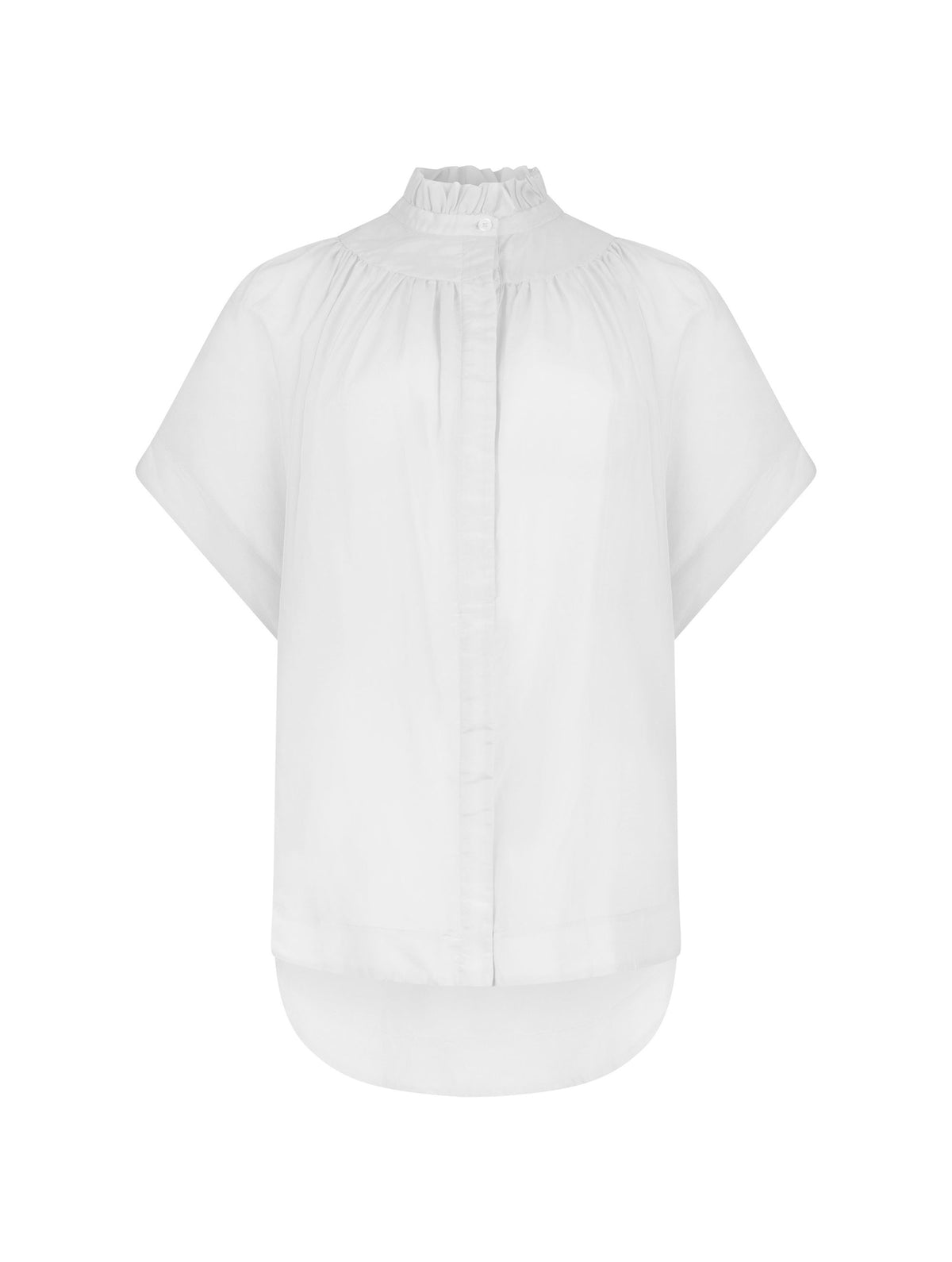 Transparente Bluse mit Stehkragen, auffälligen Ärmeln und durchgehender Knopfleiste auf der Vorderseite. Gefertigt aus einer hochwertigen Baumwoll-Seiden-Mischung.