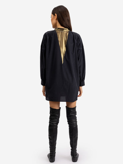 Die weite Seiden-Baumwoll-Bluse hat integrierte Seideneinsätze mit Lurex an Kragen, Schultern, Rücken von Helene Galwas