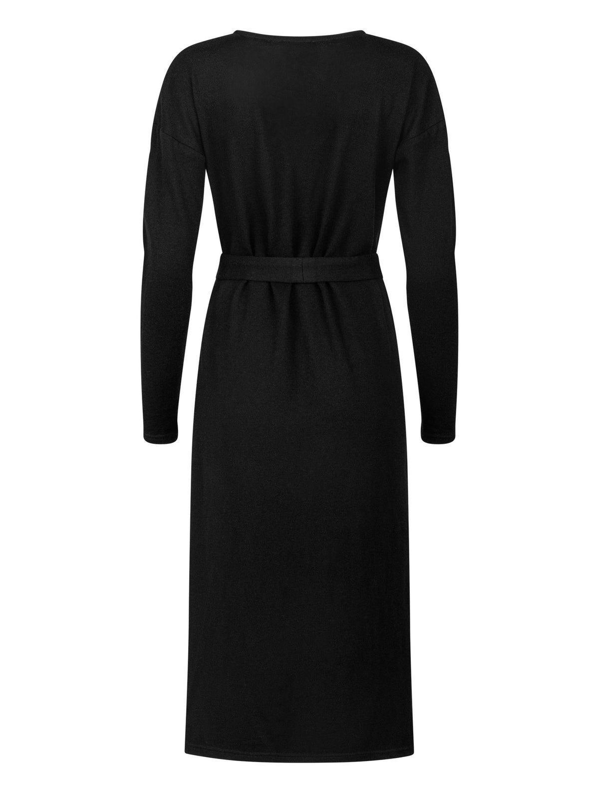 Locker geschnittenes Midikleid mit V-Ausschnitt, langen Seitenschlitzen und Gürtel. Dieses Modell ist Teil unserer REBORN-Kollektion und steht für unsere "Zero-Waste-Politik"