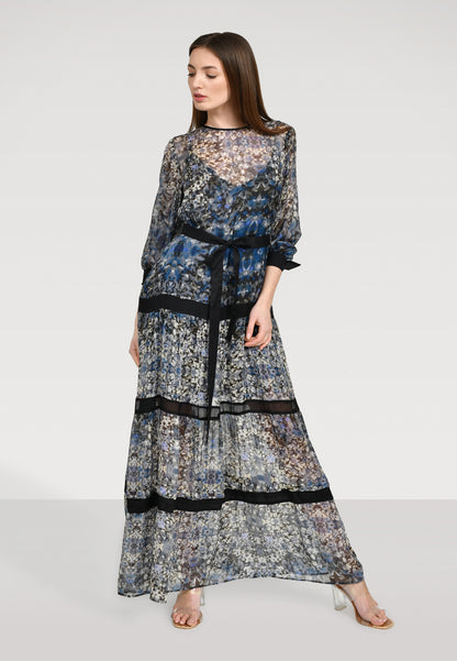 Maxi Kleid aus zarter Chiffonseide mit einen bezaubernden Blütenprint, Schleifen an den Ärmeln und abnehmbaren Volants.