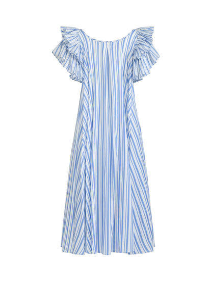 Weites Maxikleid aus unterschiedlich gestreifter Baumwolle mit mehrlagigen Volantärmel und hohen Seitenschlitzen, sowie seperaten Gürtel. Dieses Produkt ist Teil unserer Reborn Linie.