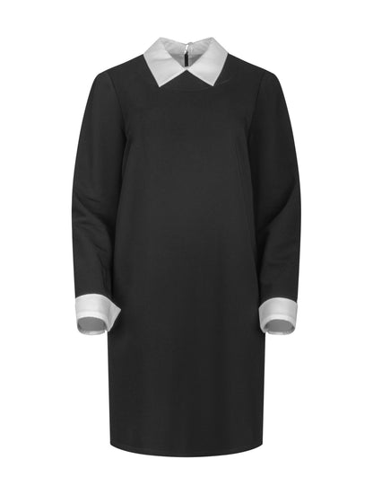 Locker geschnittenes Minikleid mit abnehmbarem Kragen und abnehmbaren Manschetten aus weißer Baumwolle. Reißverschluss auf dem Rücken.