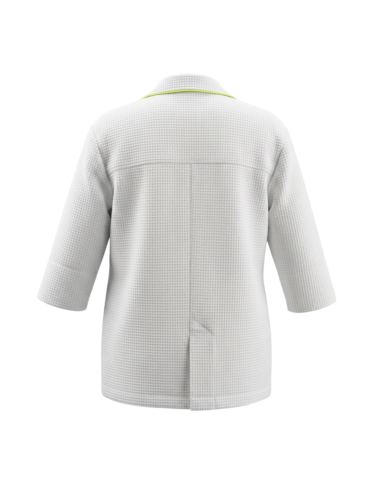 Leichter, figurbetonter Sommerblazer aus weißem Baumwoll-Waffelpiqué mit frischen limefarbenen Details. Ungefüttert, nahezu knitterfrei und Teil unserer Reborn Linie.