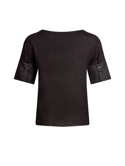 Jersey-T-Shirt mit Bateau-Ausschnitt, Seitenschlitzen und Bündchendetails aus weißer Baumwolle. Dieses Modell ist Teil unserer REBORN-Kollektion und steht für unsere "Zero-Waste-Politik".