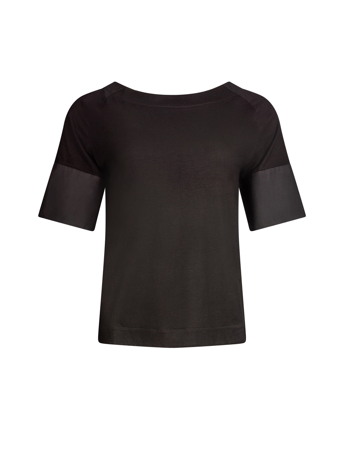 Jersey-T-Shirt mit Bateau-Ausschnitt, Seitenschlitzen und Bündchendetails aus weißer Baumwolle. Dieses Modell ist Teil unserer REBORN-Kollektion und steht für unsere "Zero-Waste-Politik".