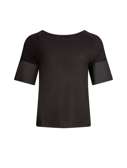 Jersey-T-Shirt mit Bateau-Ausschnitt, Seitenschlitzen und Bündchendetails aus weißer Baumwolle. Dieses Modell ist Teil unserer REBORN-Kollektion und steht für unsere "Zero-Waste-Politik".