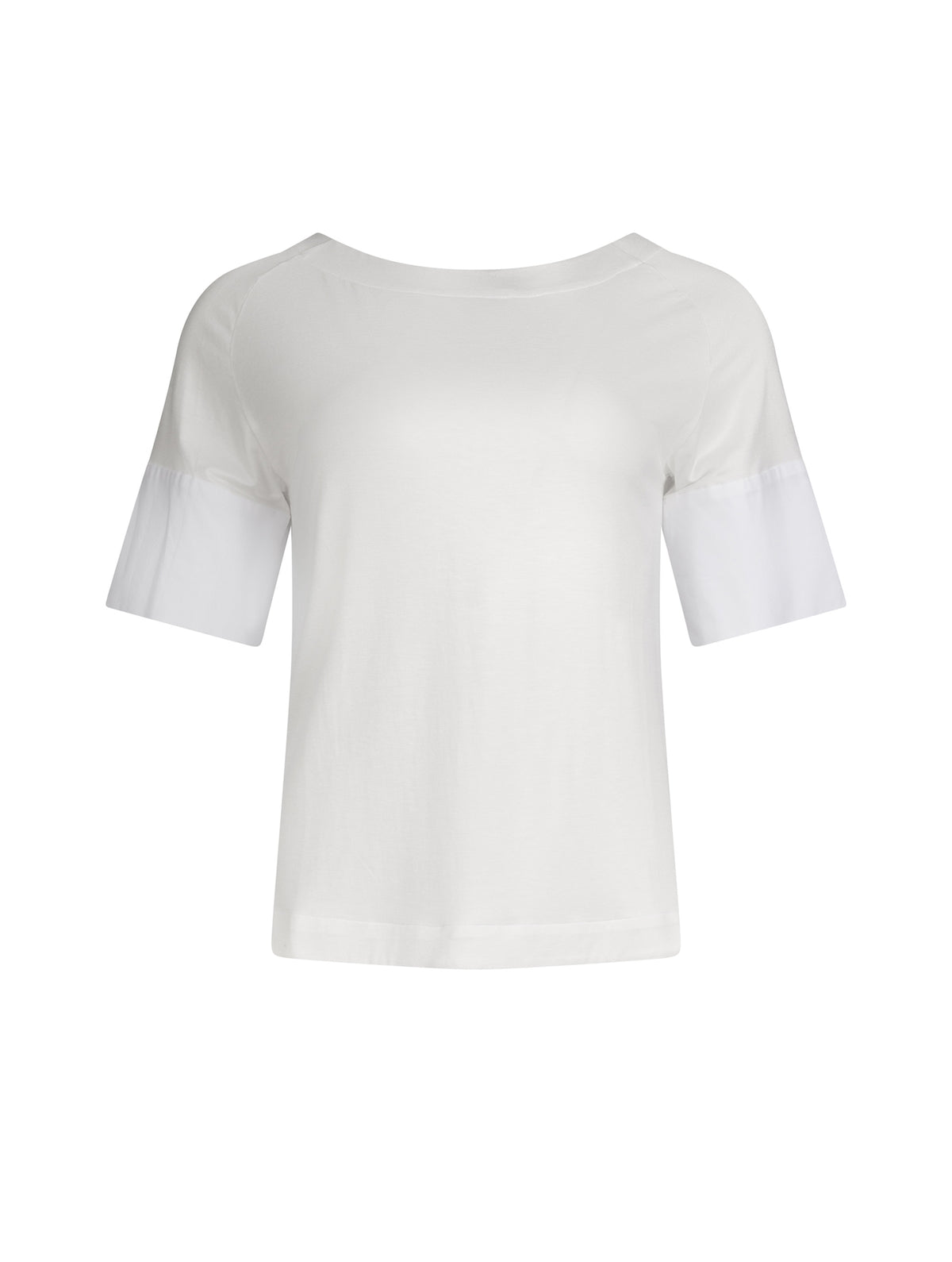 Jersey-T-Shirt mit Bateau-Ausschnitt, Seitenschlitzen und Bündchendetails aus weißer Baumwolle. Dieses Modell ist Teil unserer REBORN-Kollektion und steht für unsere "Zero-Waste-Politik".