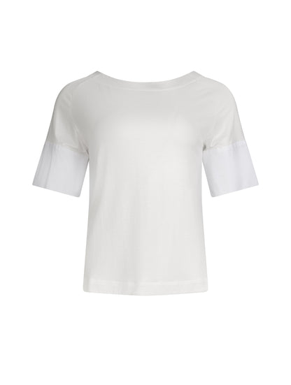 Jersey-T-Shirt mit Bateau-Ausschnitt, Seitenschlitzen und Bündchendetails aus weißer Baumwolle. Dieses Modell ist Teil unserer REBORN-Kollektion und steht für unsere "Zero-Waste-Politik".
