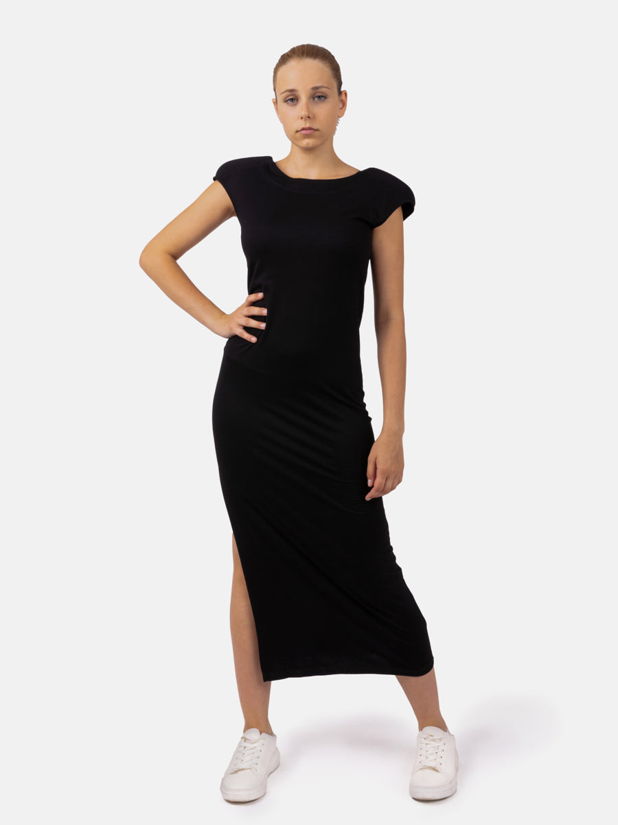 Midi-Schlauchkleid aus Edel-Jersey mit rundem Ausschnitt, Schulterpolstern und Schlitz an der Seite