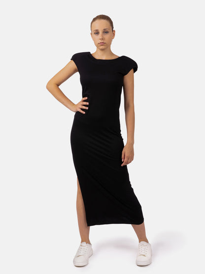Midi-Schlauchkleid aus Edel-Jersey mit rundem Ausschnitt, Schulterpolstern und Schlitz an der Seite