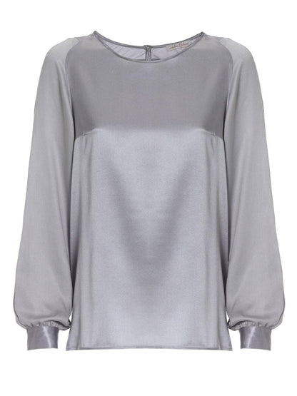 Langarm Seidenbluse mit Rundhalsausschnitt und Knopf im Nackenbereich