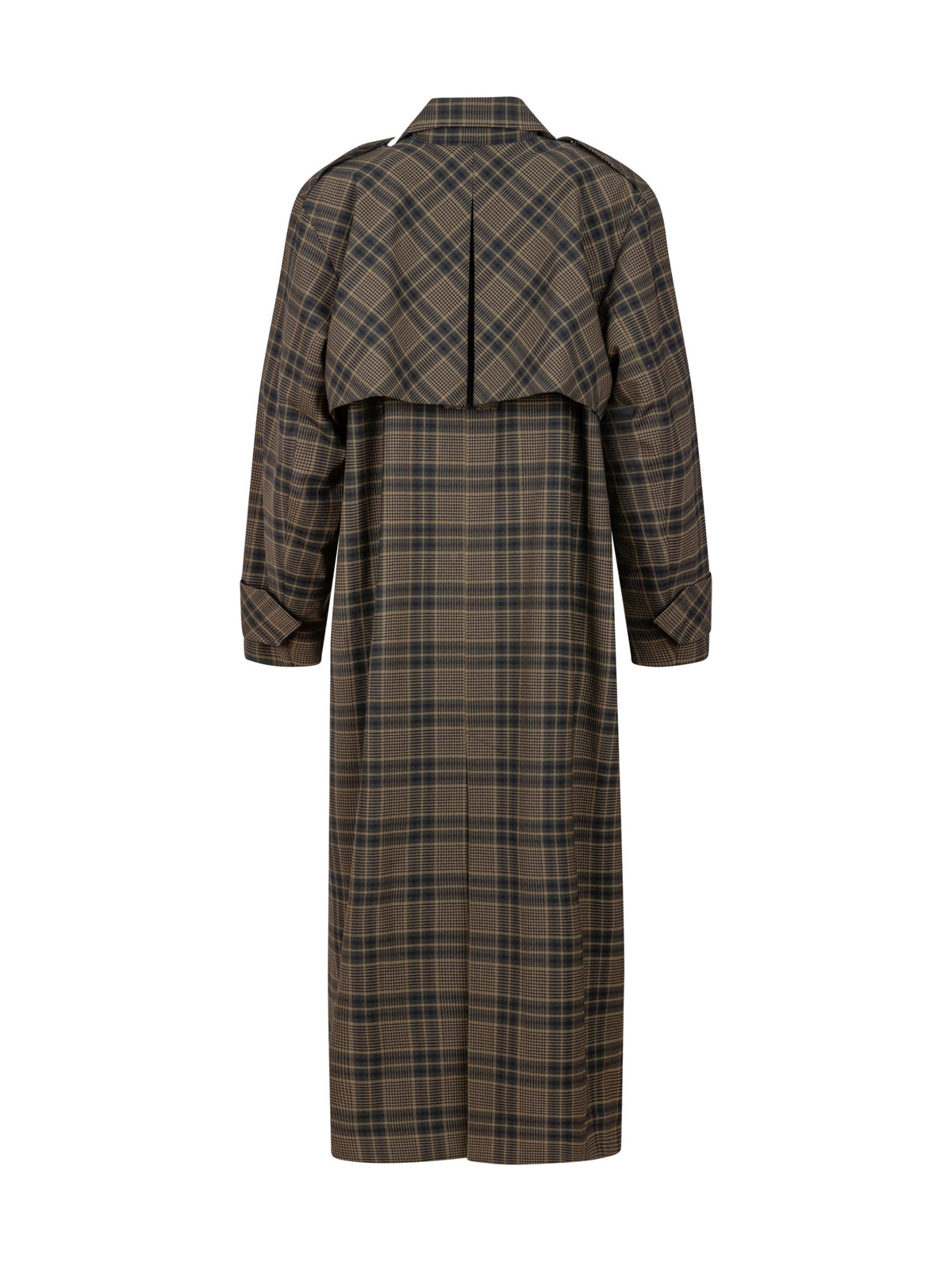 Karierter Maxi-Trenchcoat mit Gürtel und angesetzten Ärmeln mit Ärmelgürteln, sowie Schulterklappen.