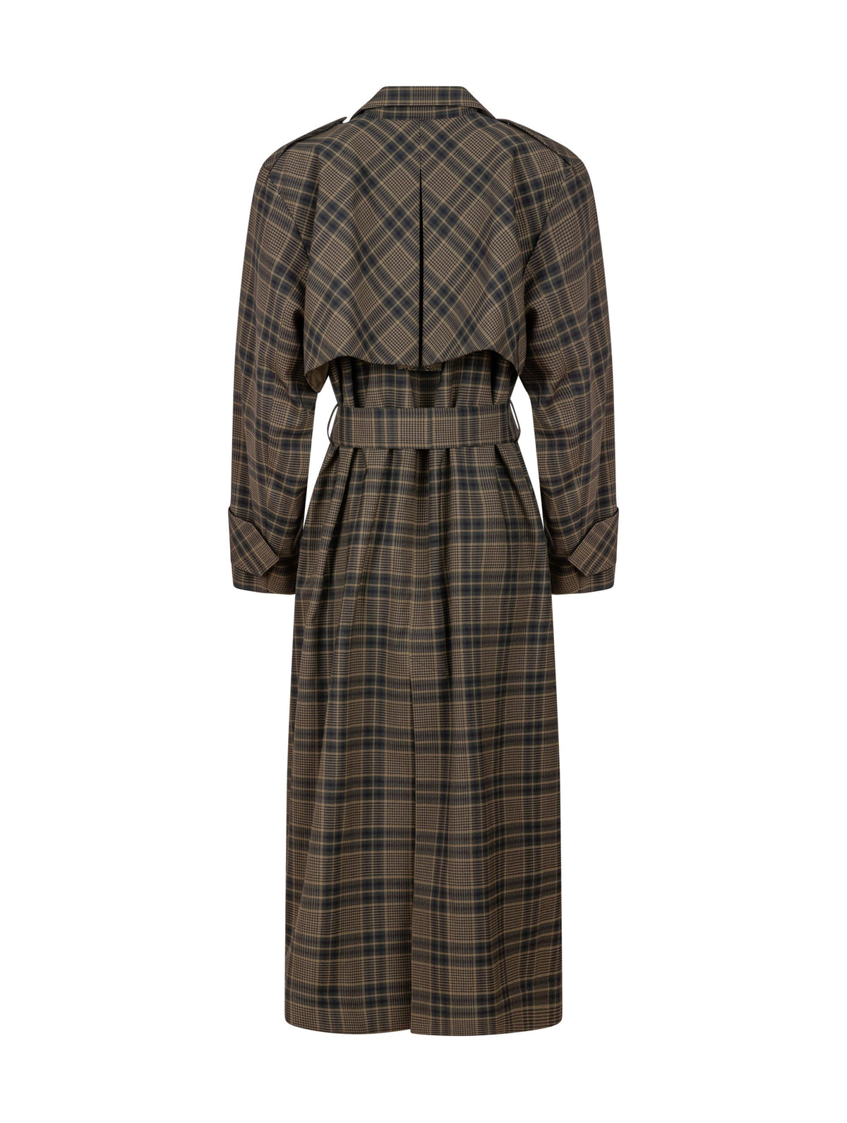 Karierter Maxi-Trenchcoat mit Gürtel und angesetzten Ärmeln mit Ärmelgürteln, sowie Schulterklappen.