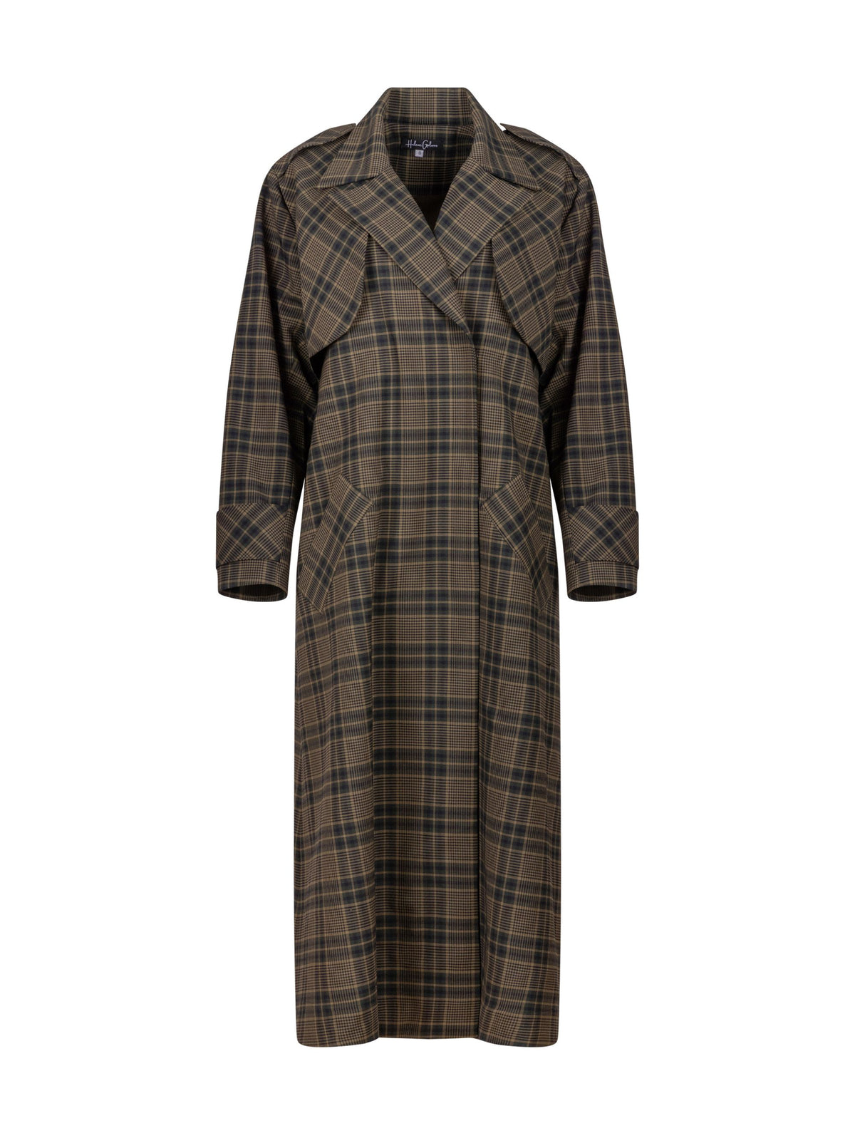 Karierter Maxi-Trenchcoat mit Gürtel und angesetzten Ärmeln mit Ärmelgürteln, sowie Schulterklappen.