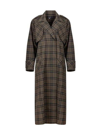 Karierter Maxi-Trenchcoat mit Gürtel und angesetzten Ärmeln mit Ärmelgürteln, sowie Schulterklappen.