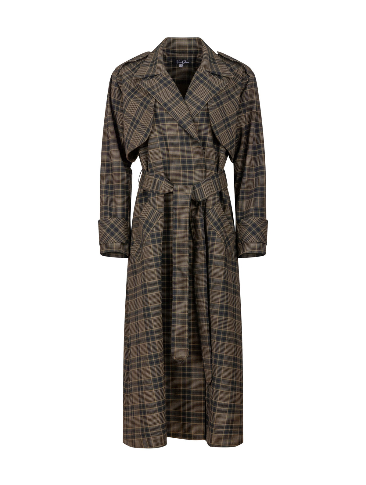 Karierter Maxi-Trenchcoat mit Gürtel und angesetzten Ärmeln mit Ärmelgürteln, sowie Schulterklappen.