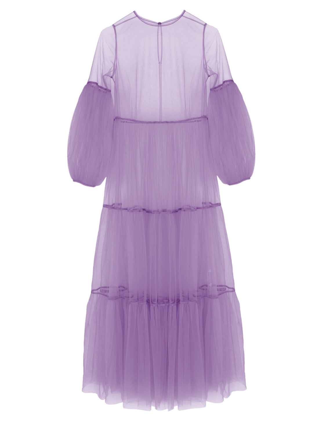 Lila Maxikleid aus Tüll mit weitem Rock und Puffärmeln