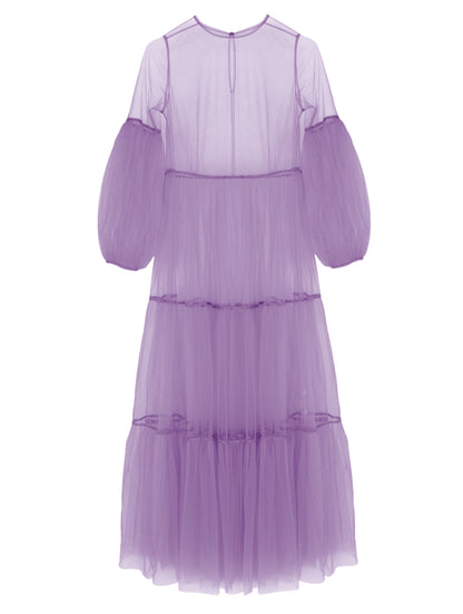 Lila Maxikleid aus Tüll mit weitem Rock und Puffärmeln