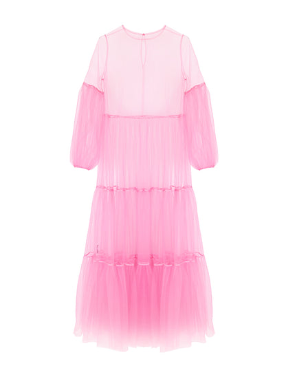 Neon pinkes Maxikleid aus Tüll mit weitem Rock und Puffärmeln