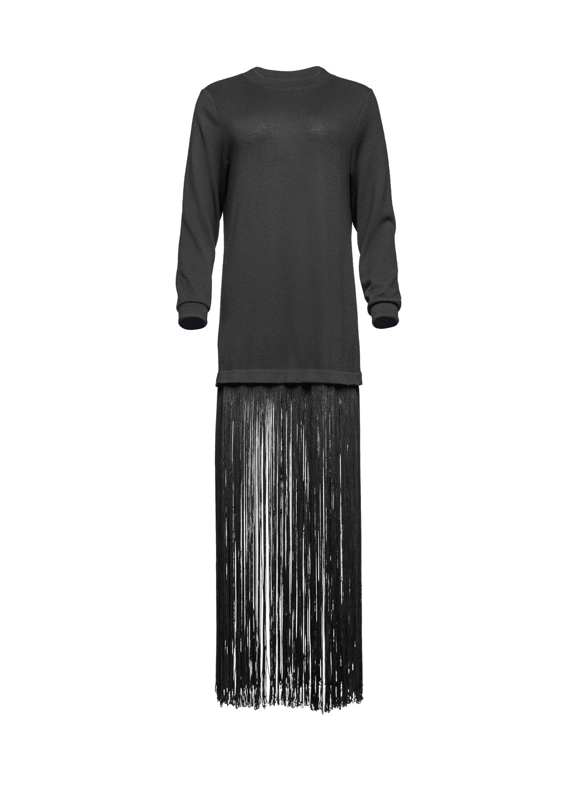 Schwarzes, hochgeschlossenes Feinstrickkleid aus 100% Wolle mit extralangen, abnehmbaren Fransen