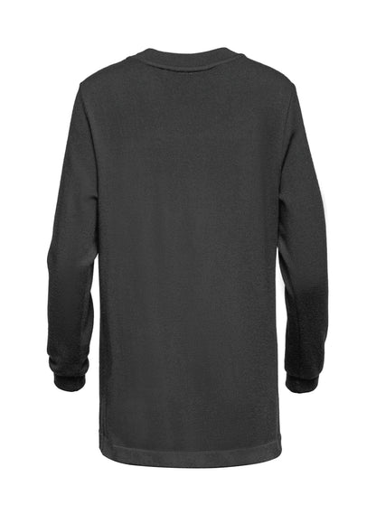 Schwarzes, hochgeschlossenes Feinstrickkleid aus 100% Wolle mit extralangen, abnehmbaren Fransen