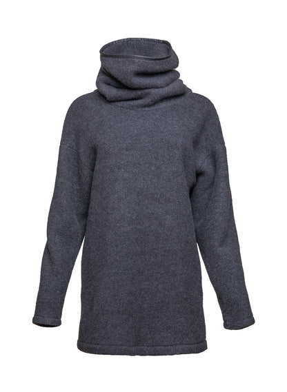 Oversize, grau-melierter Pullover aus irischem Merinofleece mit Maxikragen, überschrittenen Schultern und versteckten Taschen in der Seitennaht